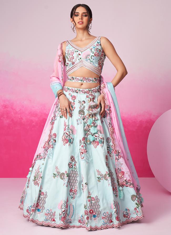 Silk Turquoise Wedding Wear Sequins Work Lehenga Choli